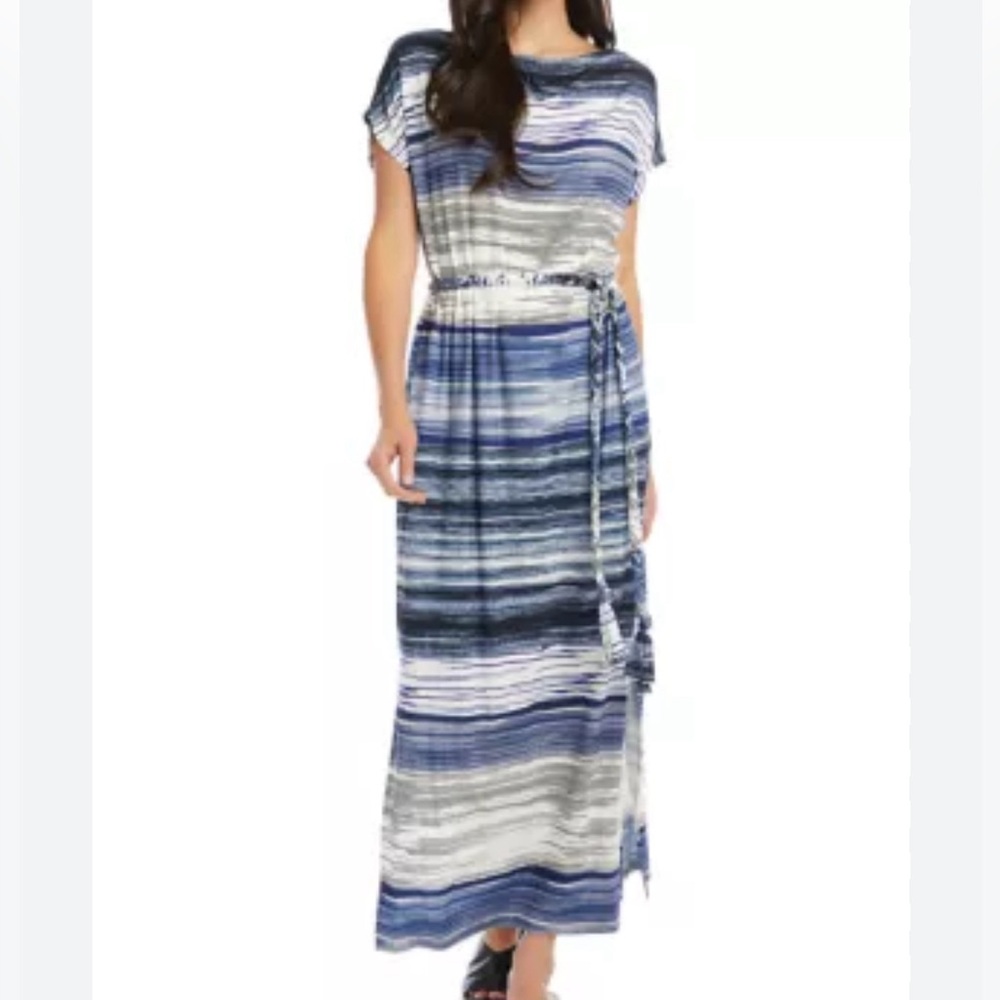 NWT Karen Kane Grecian maxi dress blue white medium Coastal Grandma travel
